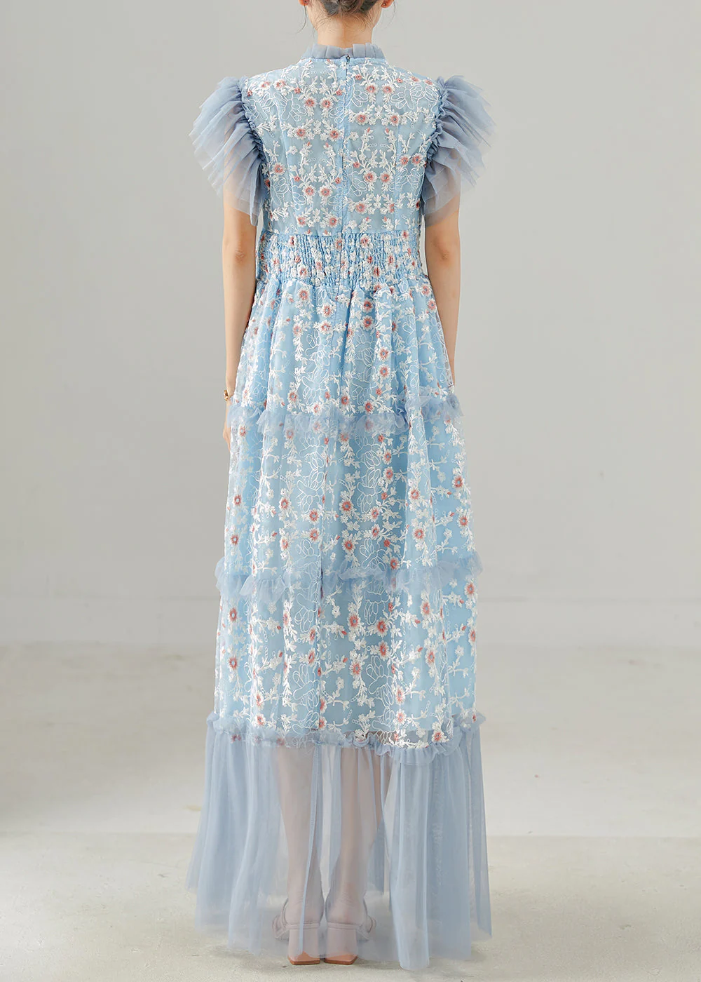 Handmade Blue Embroidered Patchwork Tulle Dress Summer - Image 4