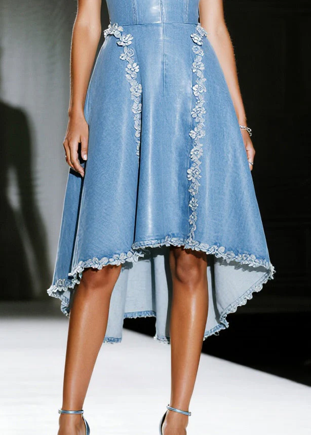 Handmade Blue Floral Decorated Exra Large Hem Denim Sundress Summer - Image 4