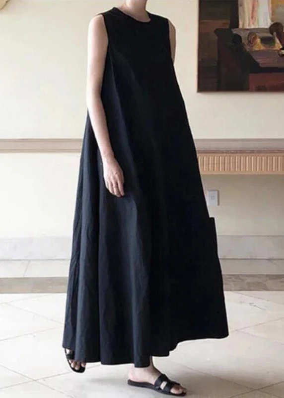 Handmade Blue linen dresses o neck sleeveless cotton robes summer Dresses - Image 4