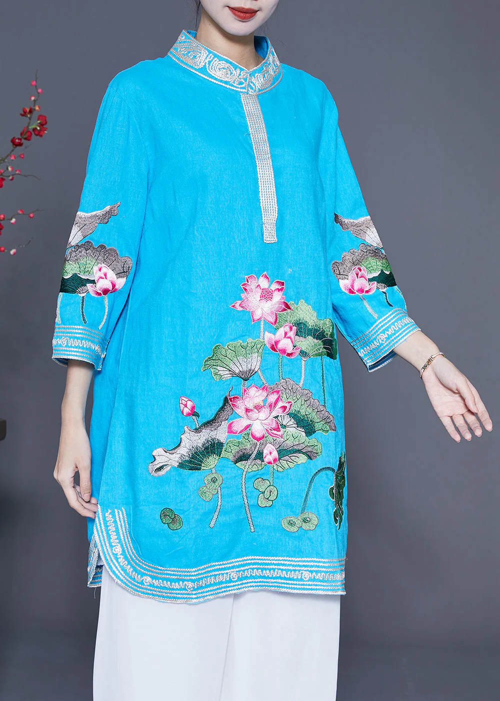 Handmade Blue Lotus Embroideried Linen Mid Dress Summer - Image 2