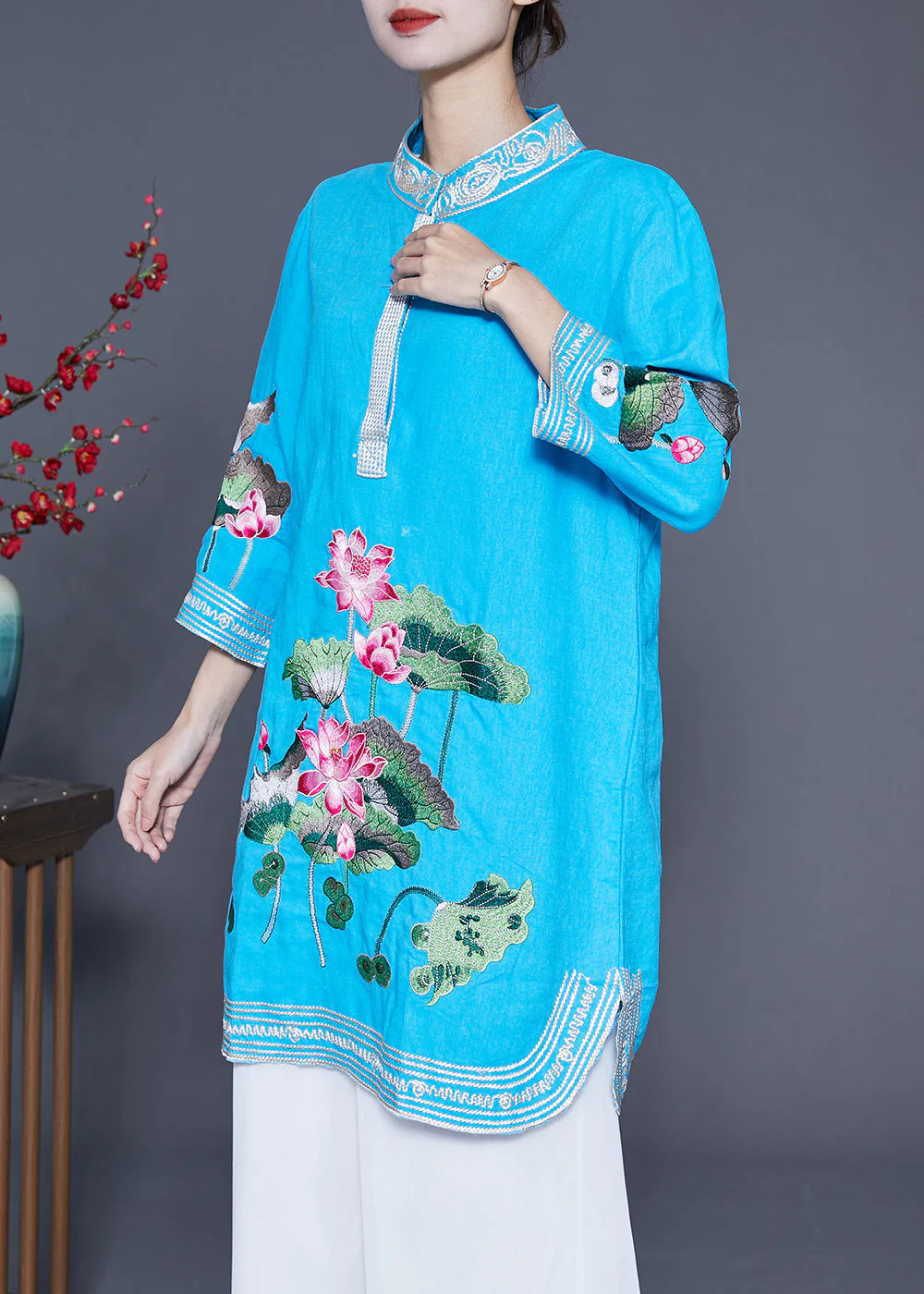 Handmade Blue Lotus Embroideried Linen Mid Dress Summer - Image 3
