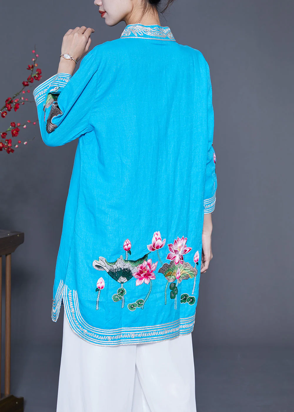 Handmade Blue Lotus Embroideried Linen Mid Dress Summer - Image 4