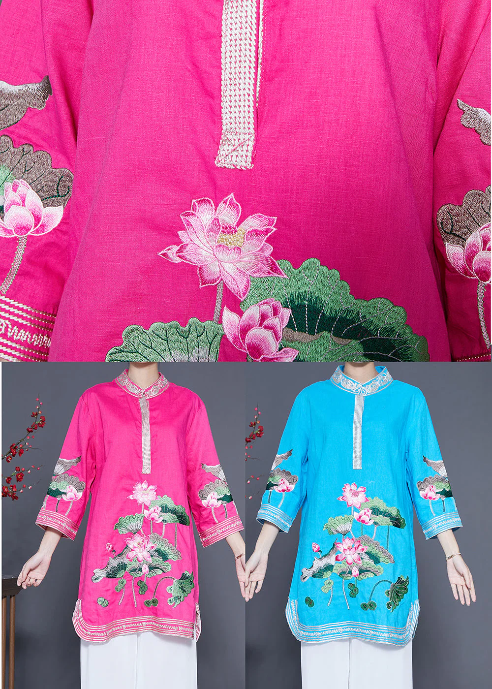 Handmade Blue Lotus Embroideried Linen Mid Dress Summer - Image 5