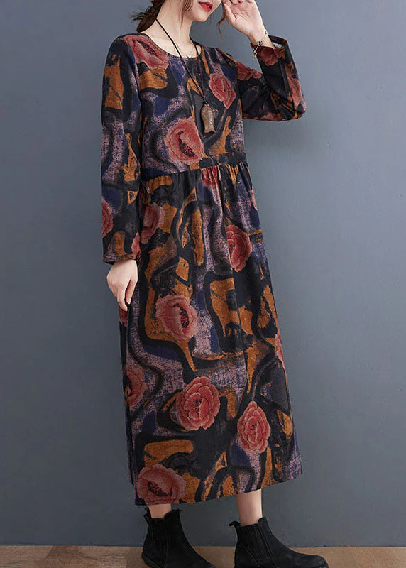 Handmade Blue O-Neck Cinched Cotton Maxi Dress Long Sleeve - Image 2
