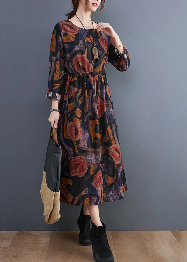 Handmade Blue O-Neck Cinched Cotton Maxi Dress Long Sleeve - Image 3