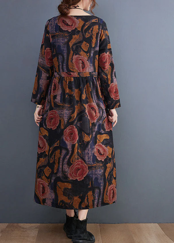 Handmade Blue O-Neck Cinched Cotton Maxi Dress Long Sleeve - Image 4