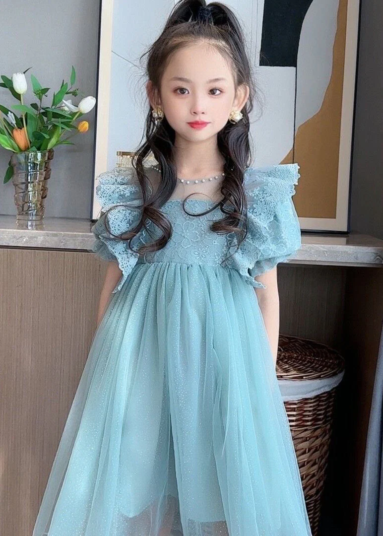 Handmade Blue O-Neck Patchwork Nail Bead Tulle Girls Maxi Dress Summer - Image 3