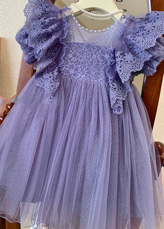 Handmade Blue O-Neck Patchwork Nail Bead Tulle Girls Maxi Dress Summer - Image 4