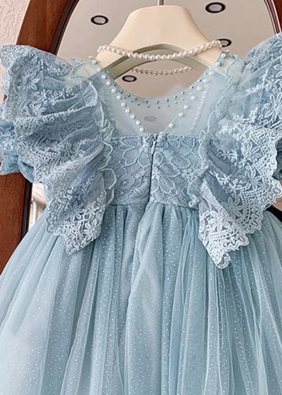 Handmade Blue O-Neck Patchwork Nail Bead Tulle Girls Maxi Dress Summer - Image 5