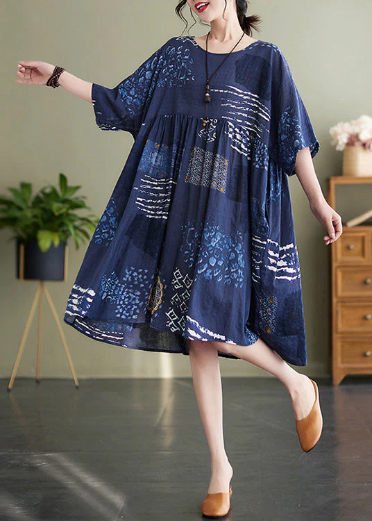 Handmade Blue O-Neck Print Wrinkled Vacation Maxi Dresses Summer - Image 3