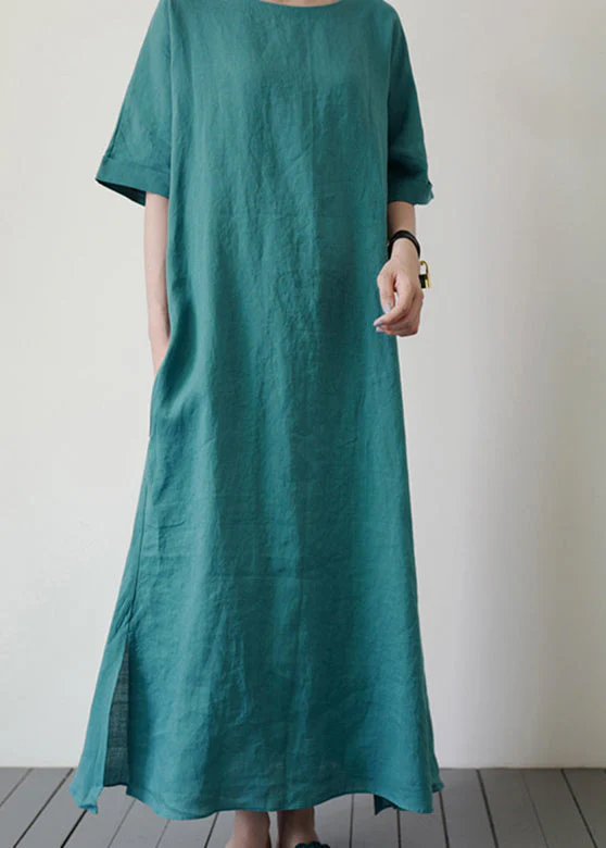 Handmade Blue O-Neck Tie Waist Long Dresses Summer - Image 2