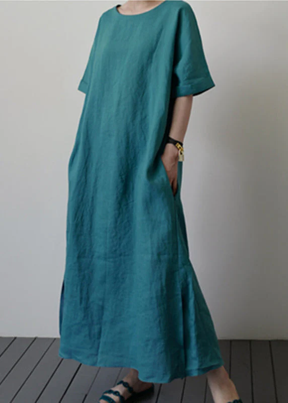 Handmade Blue O-Neck Tie Waist Long Dresses Summer - Image 3