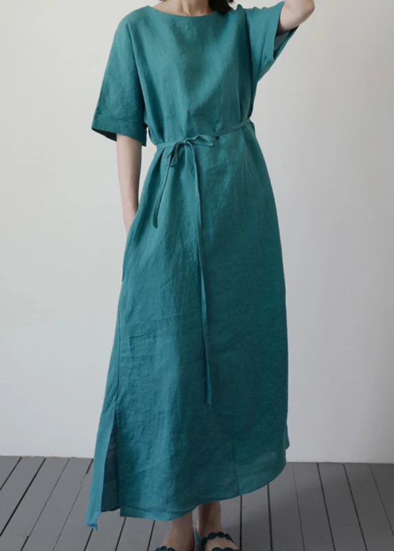 Handmade Blue O-Neck Tie Waist Long Dresses Summer - Image 4