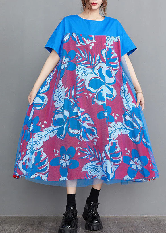 Handmade Blue O-Neck Tulle Patchwork Print Cotton A Line Dress Short Sleeve - Image 2