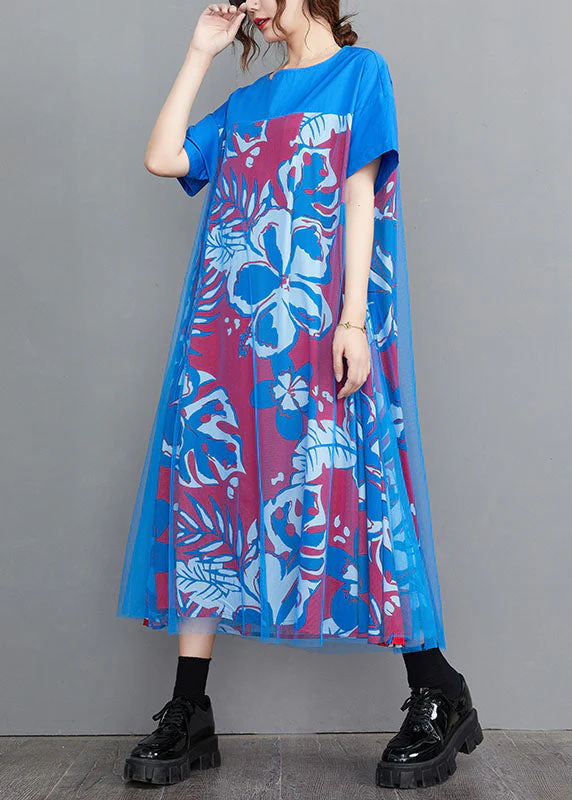 Handmade Blue O-Neck Tulle Patchwork Print Cotton A Line Dress Short Sleeve - Image 3