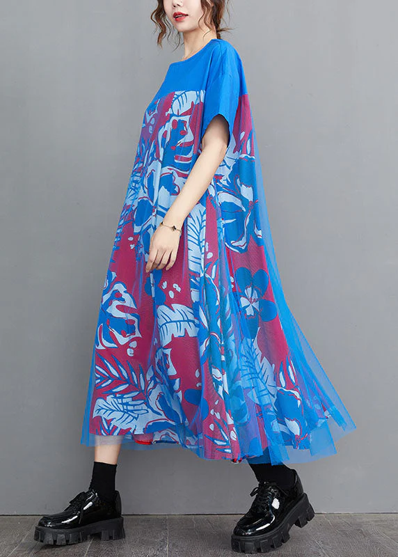 Handmade Blue O-Neck Tulle Patchwork Print Cotton A Line Dress Short Sleeve - Image 4