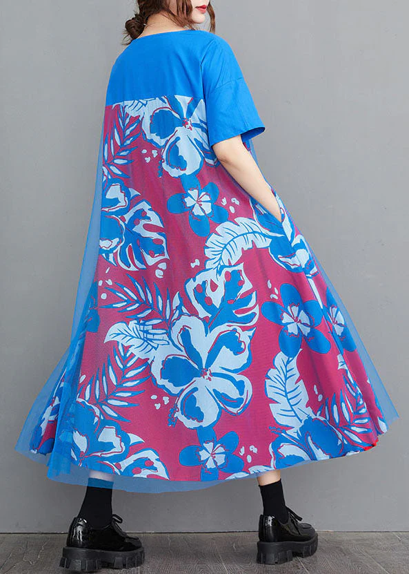 Handmade Blue O-Neck Tulle Patchwork Print Cotton A Line Dress Short Sleeve - Image 5