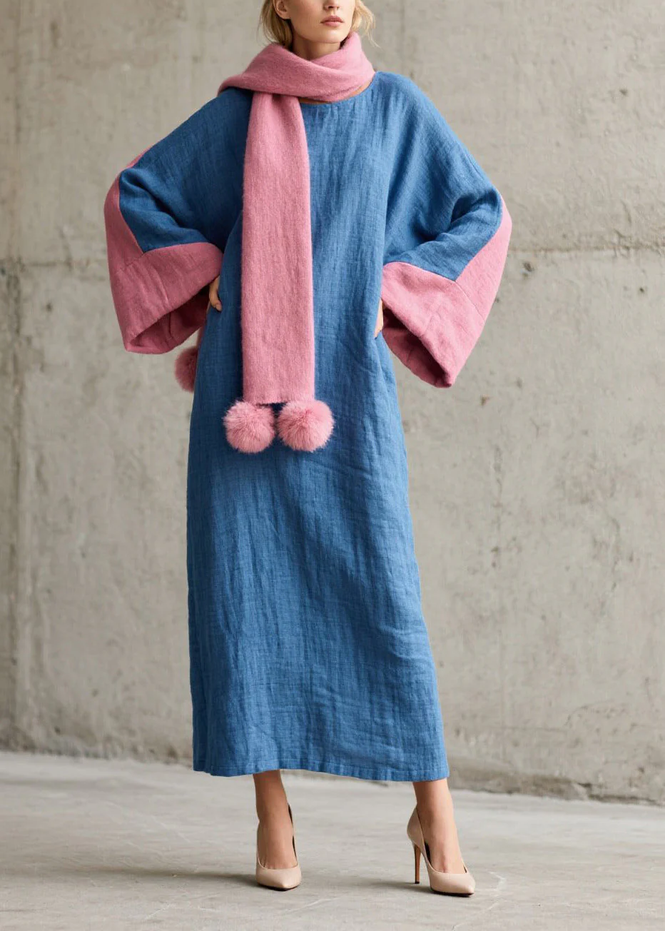 Handmade Blue Oversized Patchwork Cotton Holiday Dress Fall - Image 3