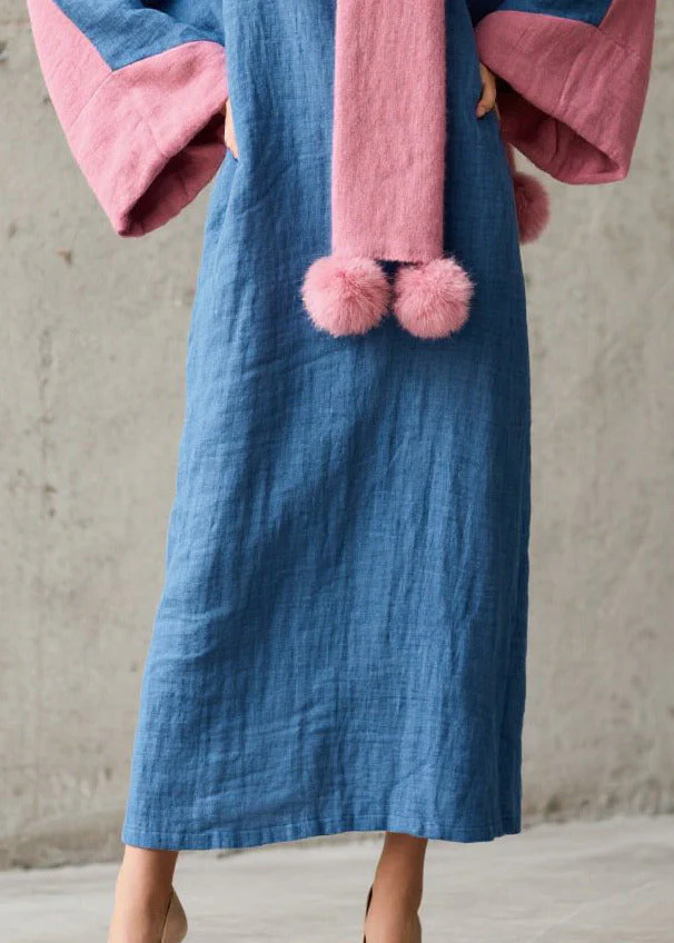 Handmade Blue Oversized Patchwork Cotton Holiday Dress Fall - Image 4