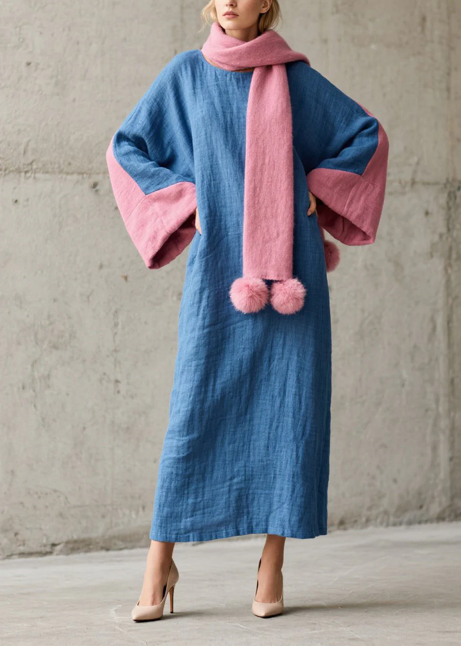 Handmade Blue Oversized Patchwork Cotton Holiday Dress Fall - Image 5