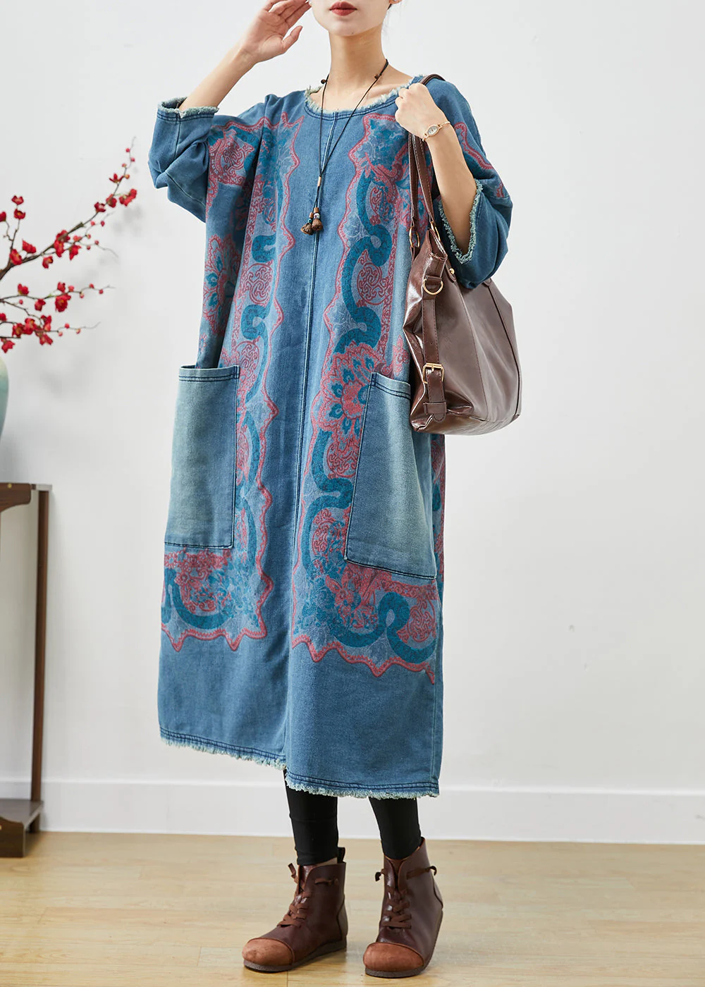 Handmade Blue Oversized Print Denim Dress Fall - Image 2