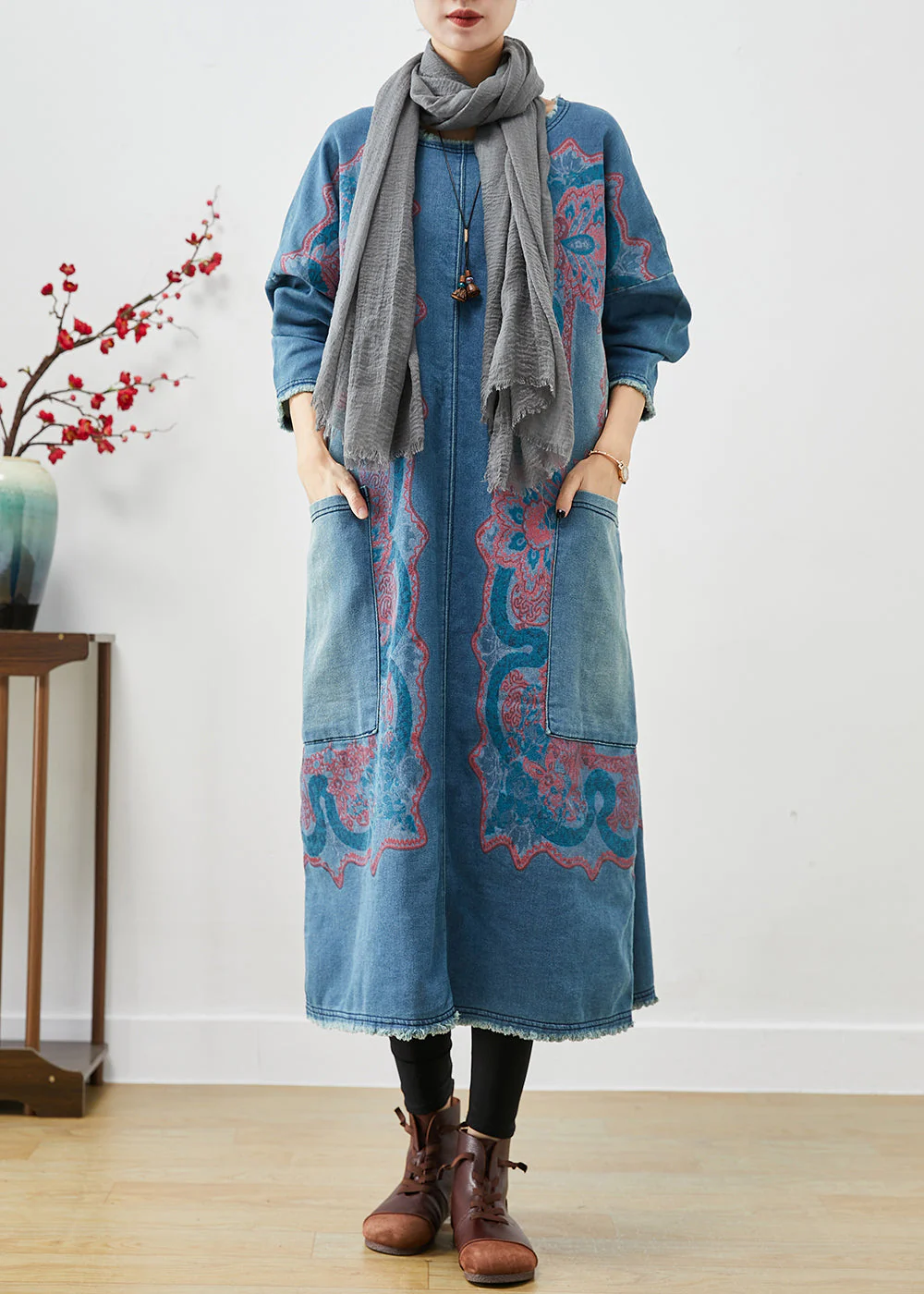 Handmade Blue Oversized Print Denim Dress Fall - Image 3