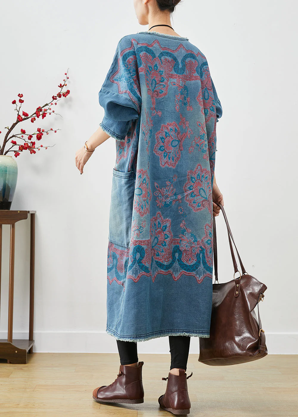 Handmade Blue Oversized Print Denim Dress Fall - Image 4