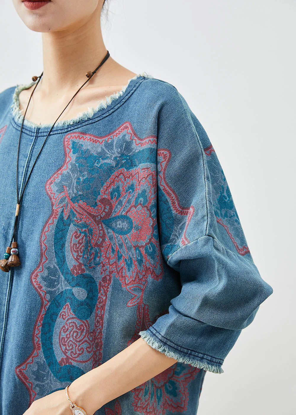 Handmade Blue Oversized Print Denim Dress Fall - Image 5