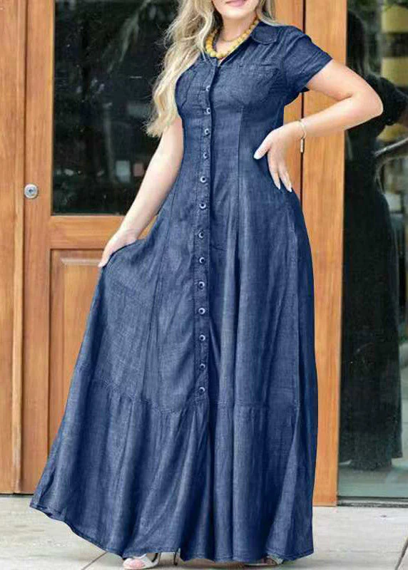Handmade Blue Peter Pan Collar Button Maxi Dress Summer - Image 3