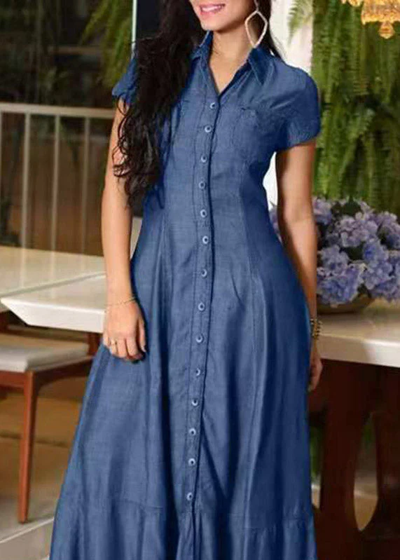 Handmade Blue Peter Pan Collar Button Maxi Dress Summer - Image 5
