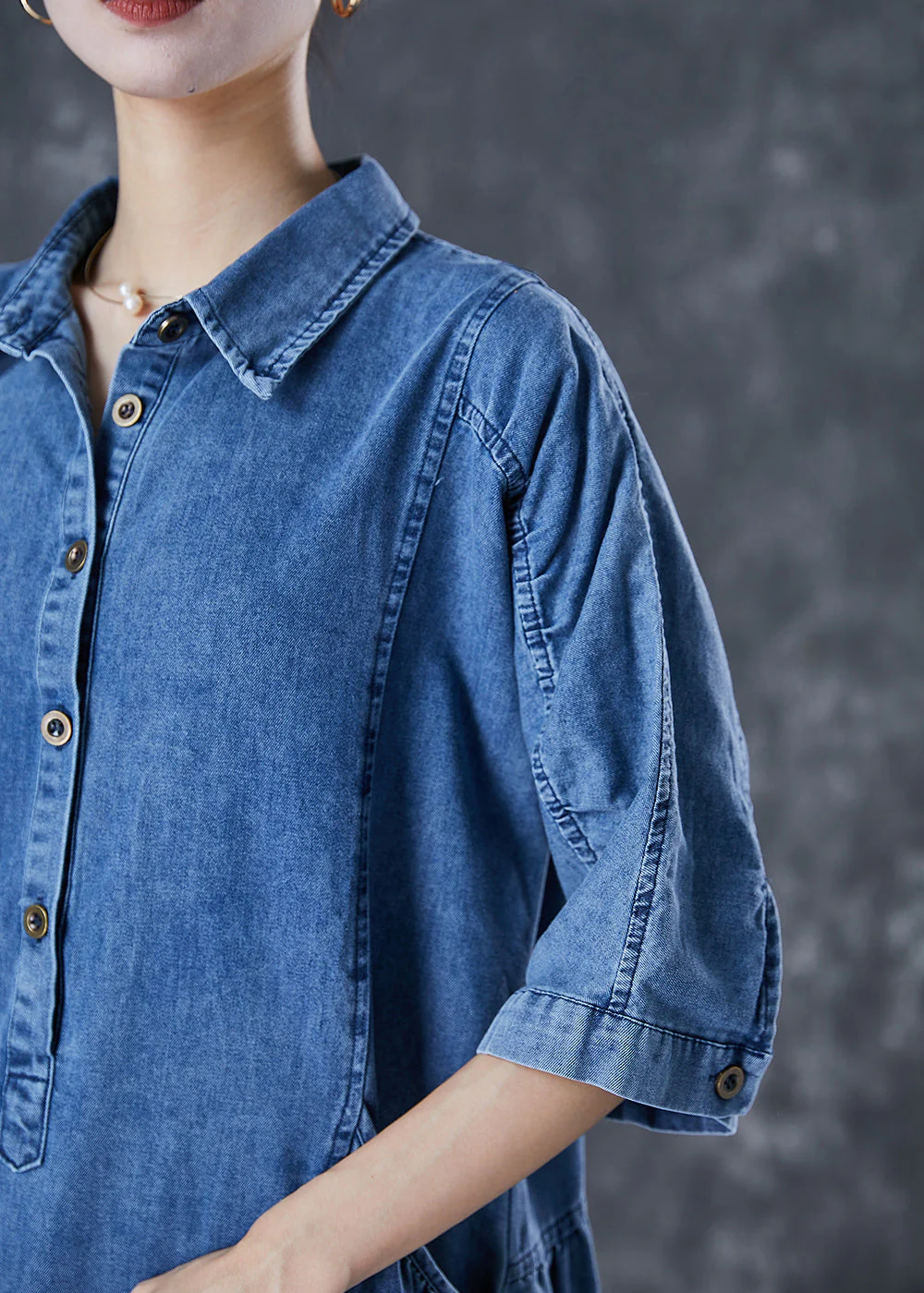 Handmade Blue Peter Pan Collar Denim A Line Dresses Half Sleeve - Image 5