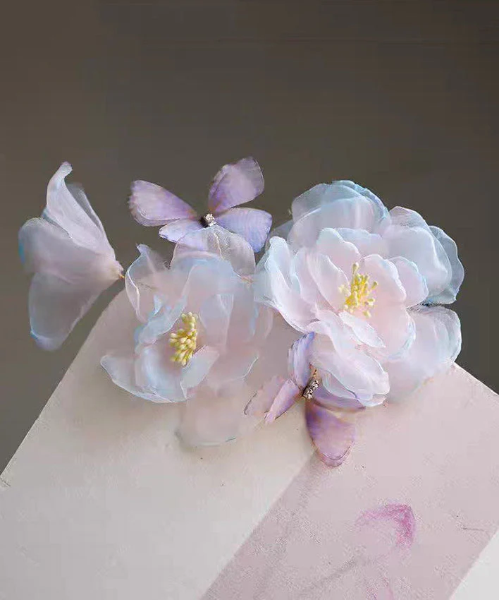 Handmade Blue Pink Silk Floral Butterfly Hairpin - Image 2