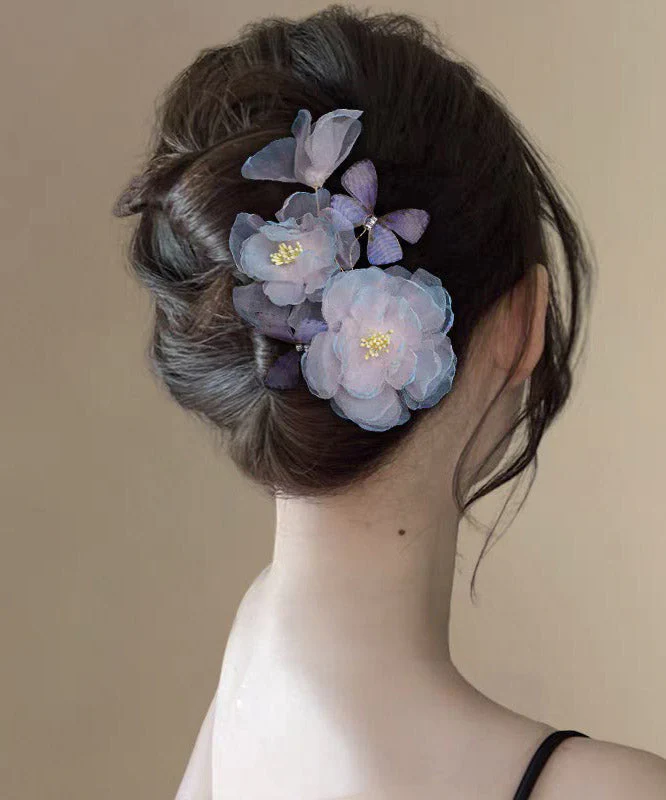 Handmade Blue Pink Silk Floral Butterfly Hairpin - Image 3