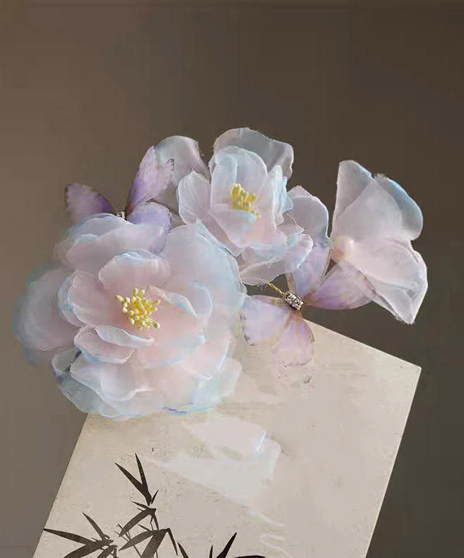 Handmade Blue Pink Silk Floral Butterfly Hairpin - Image 4