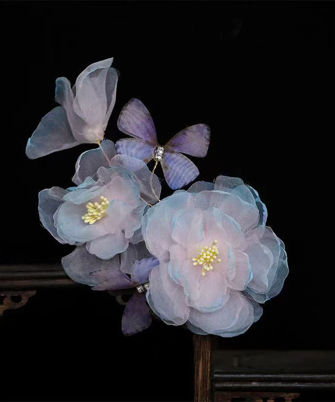 Handmade Blue Pink Silk Floral Butterfly Hairpin - Image 5