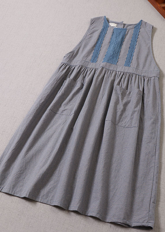 Handmade Blue Plaid Pockets Vacation Dresses Sleeveless - Image 2