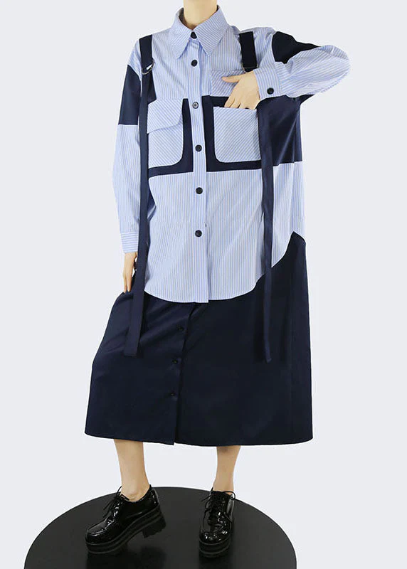 Handmade Blue pockets Peter Pan Collar Striped Patchwork shirt Dresses Spring - Image 2