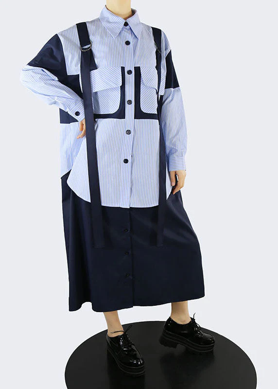 Handmade Blue pockets Peter Pan Collar Striped Patchwork shirt Dresses Spring - Image 3