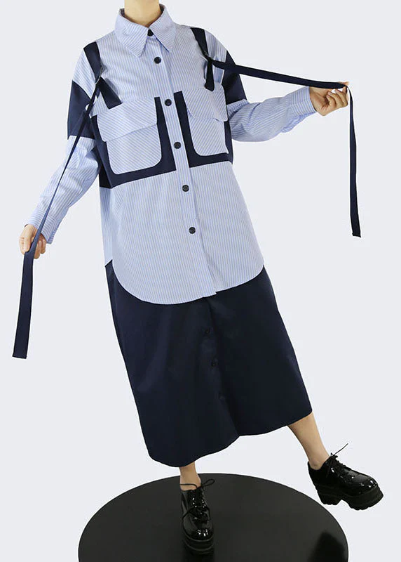 Handmade Blue pockets Peter Pan Collar Striped Patchwork shirt Dresses Spring - Image 4