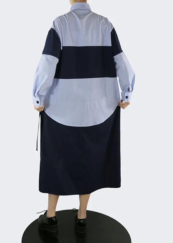 Handmade Blue pockets Peter Pan Collar Striped Patchwork shirt Dresses Spring - Image 5