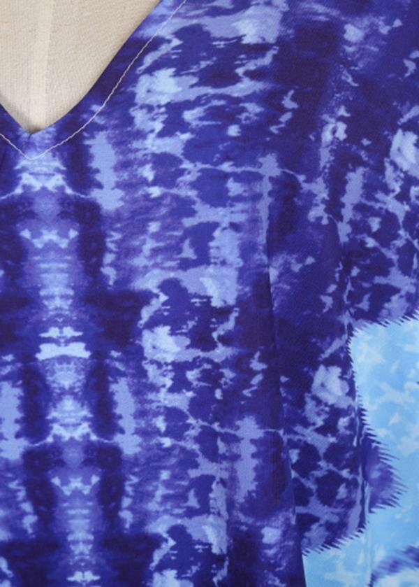Handmade Blue Print V Neck Beach Gown Summer Maxi Dresses - Image 5