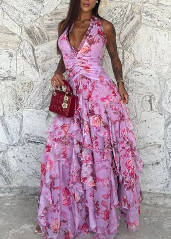 Handmade Blue Ruffled Asymmetrical Print Chiffon Long Dresses Sleeveless - Image 5