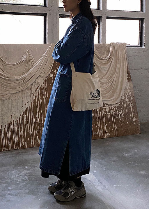 Handmade Blue Stand Collar Pockets Patchwork Denim Dress Fall - Image 2