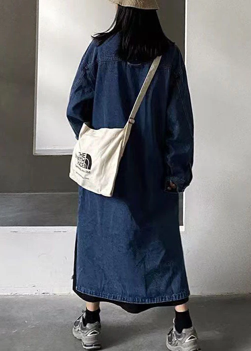 Handmade Blue Stand Collar Pockets Patchwork Denim Dress Fall - Image 3