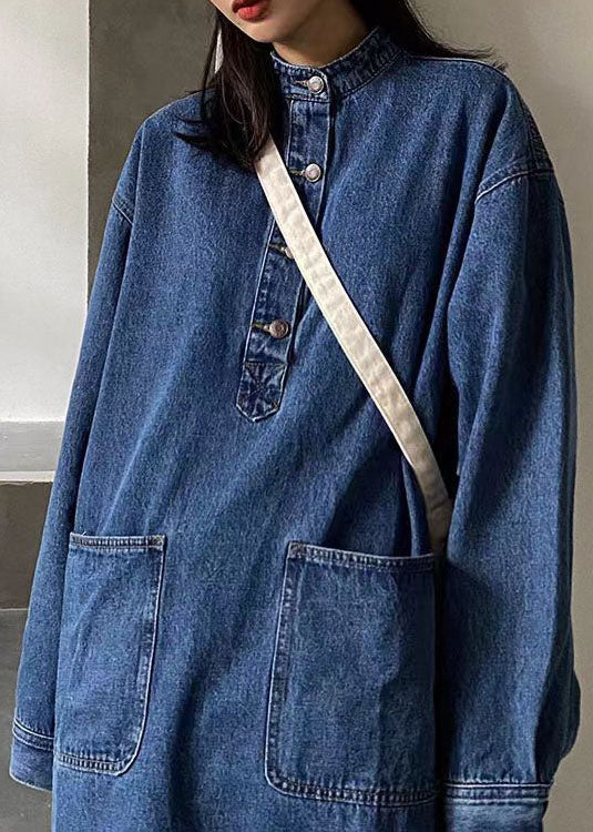 Handmade Blue Stand Collar Pockets Patchwork Denim Dress Fall - Image 4