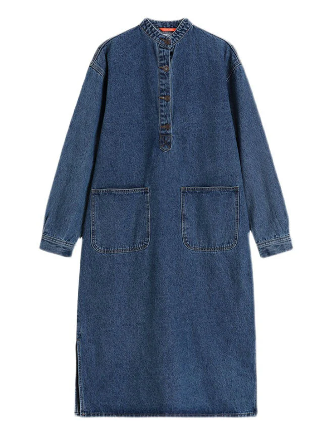 Handmade Blue Stand Collar Pockets Patchwork Denim Dress Fall - Image 5