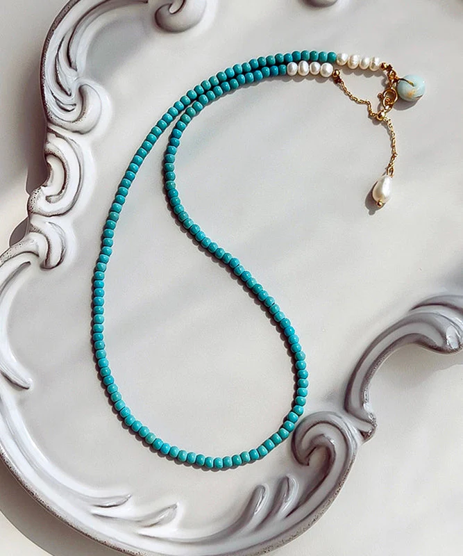Handmade Blue Sterling Silver Overgild Turquoise Pearl Lariat Necklace - Image 2
