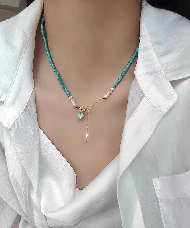 Handmade Blue Sterling Silver Overgild Turquoise Pearl Lariat Necklace - Image 3