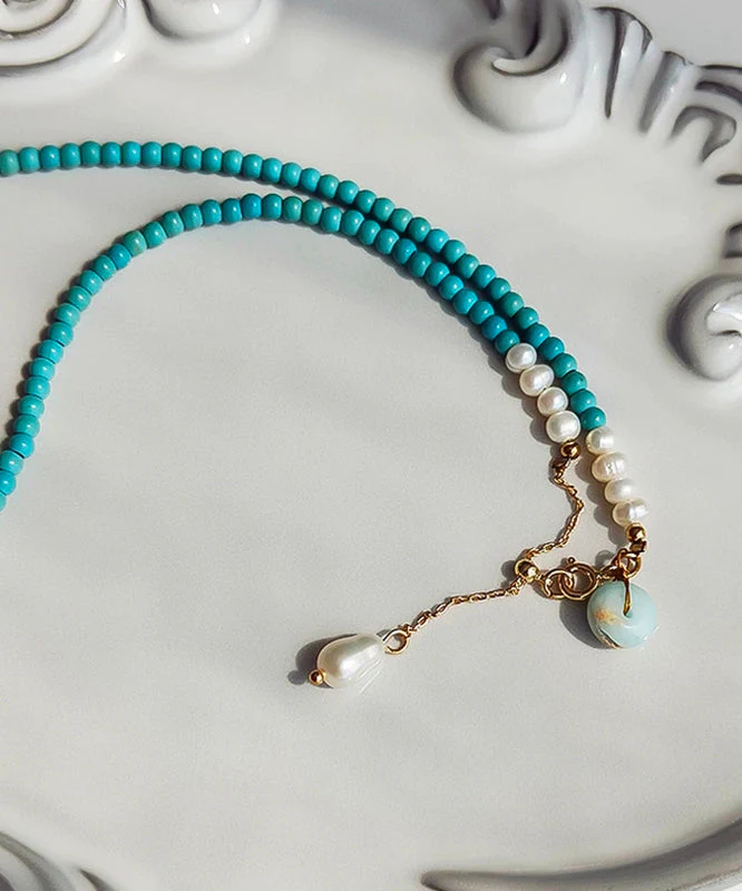 Handmade Blue Sterling Silver Overgild Turquoise Pearl Lariat Necklace - Image 4
