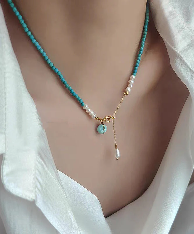 Handmade Blue Sterling Silver Overgild Turquoise Pearl Lariat Necklace - Image 5